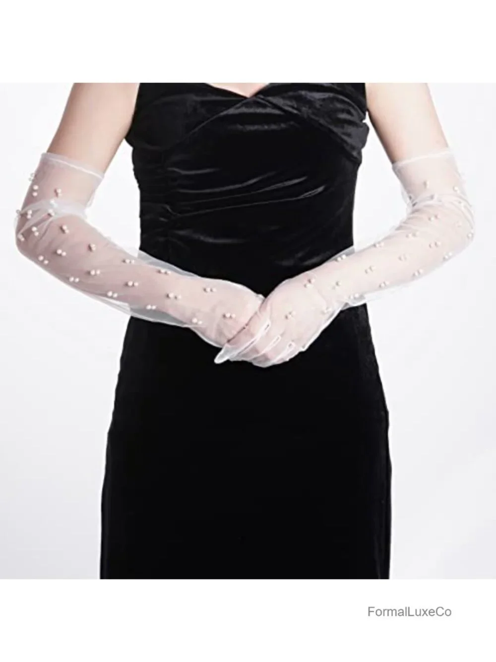 Tulle Sheer Long Pearl Gloves Elbow Length Wedding Bridal Gloves